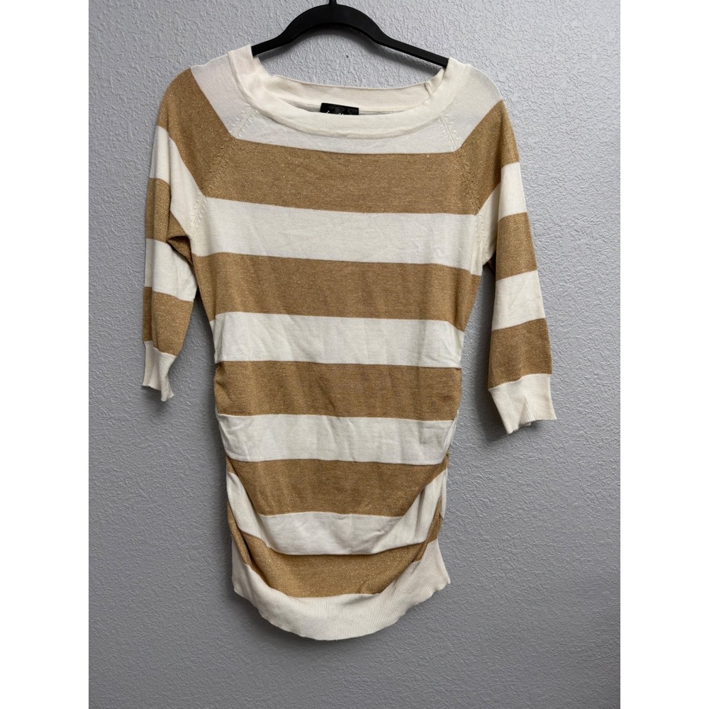 Love Always Metallic Gold Cream Striped Ruched 3/4 Sleeve Top Large 54279 FLAW